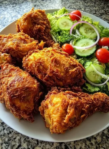 Plate of crispy Southern fried chicken paired with a colorful garden salad