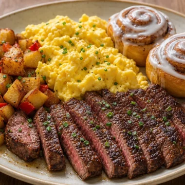 Crispy steak and eggs breakfast platter served with delectable cinnamon rolls