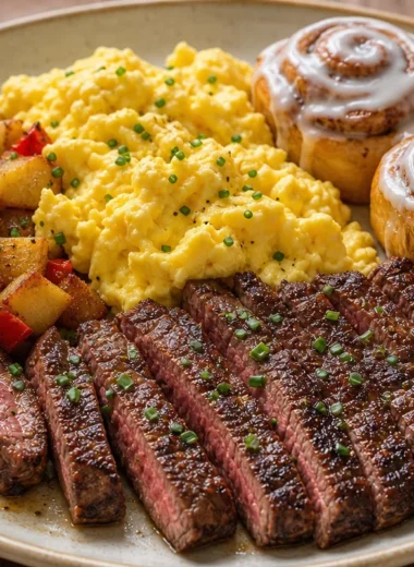 Crispy steak and eggs breakfast platter served with delectable cinnamon rolls