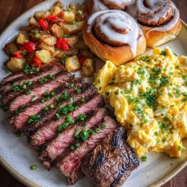 Crispy steak breakfast with scrambled eggs and cinnamon rolls