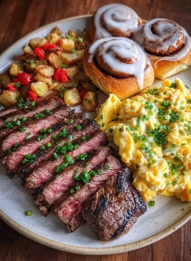 Crispy steak breakfast with scrambled eggs and cinnamon rolls