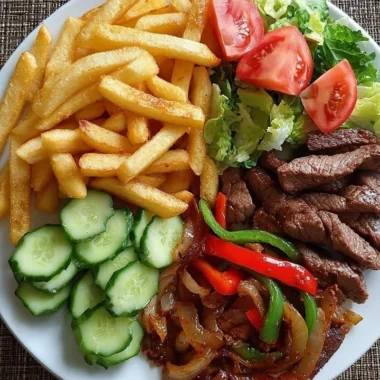 Crispy steak fajita fries topped with peppers and onions