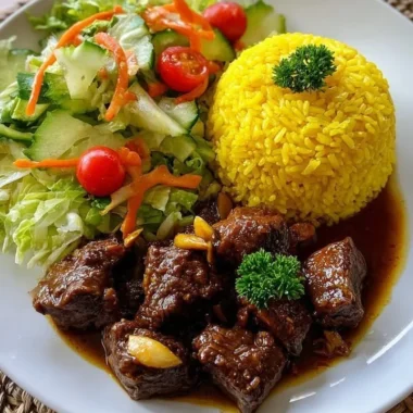 Garlic Beef Bites plated with yellow rice and garden salad