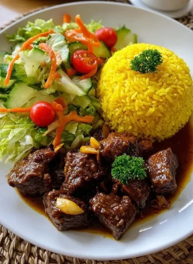 Garlic Beef Bites plated with yellow rice and garden salad