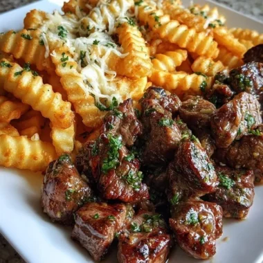 Garlic Butter Steak Bites served with cheesy loaded crinkle fries on a plate