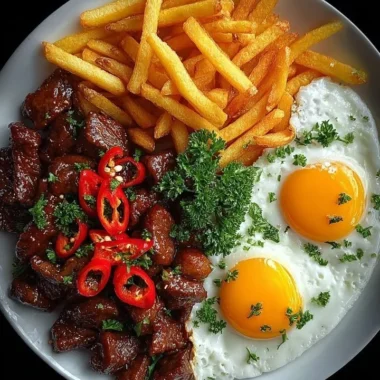 Garlic Chili Beef Bites served with fries and sunny eggs on a plate.