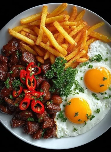 Garlic Chili Beef Bites served with fries and sunny eggs on a plate.
