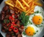Garlic Chili Beef Bites with Fries & Sunny Eggs