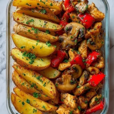 Garlic Herb Chicken served with mushrooms and crispy potato wedges on a plate.