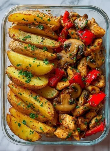 Garlic Herb Chicken served with mushrooms and crispy potato wedges on a plate.