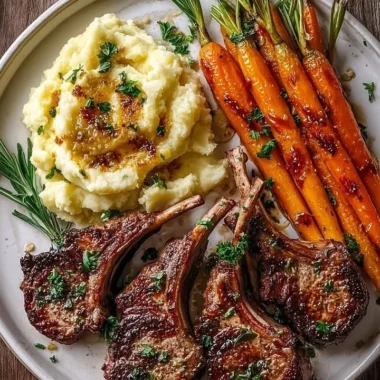 Delicious Garlic Rosemary Lamb Chops served with creamy mashed potatoes and honey roasted carrots.