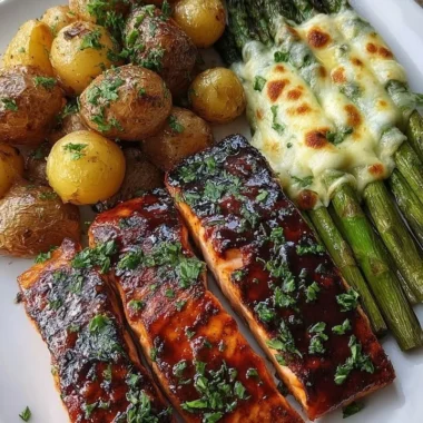 Glazed salmon served with baby potatoes and cheesy asparagus on a plate