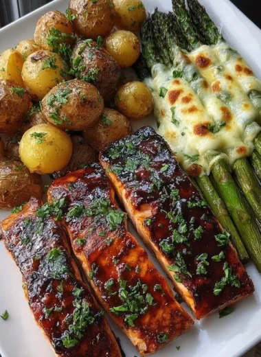 Glazed salmon served with baby potatoes and cheesy asparagus on a plate