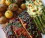 Glazed Salmon with Baby Potatoes & Cheesy Asparagus