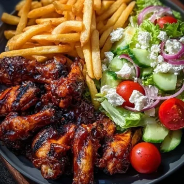 Golden BBQ chicken wings served with fries and Greek salad on a plate