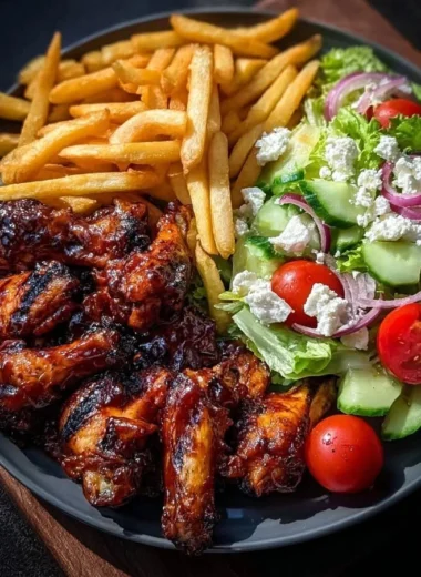 Golden BBQ chicken wings served with fries and Greek salad on a plate