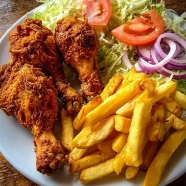 Golden chicken drumsticks served with fries and salad on a plate