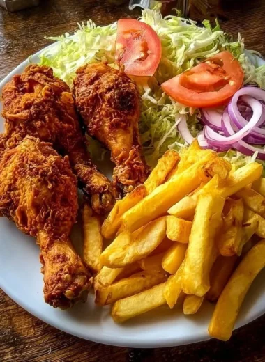Golden chicken drumsticks served with fries and salad on a plate