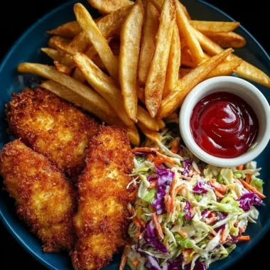 Golden chicken tenders served with coleslaw and fries on a plate