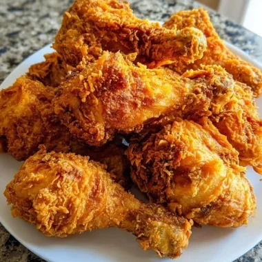 Plate of golden southern fried chicken with crispy skin and herbs
