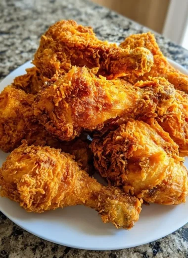 Plate of golden southern fried chicken with crispy skin and herbs