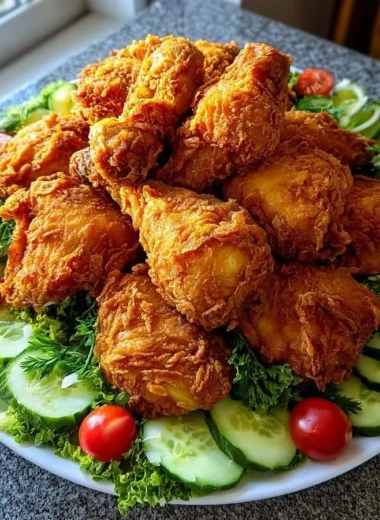 Crispy golden Southern fried chicken on a plate garnished with herbs