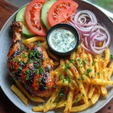 Delicious grilled chicken served with crispy fries and garlic herb sauce