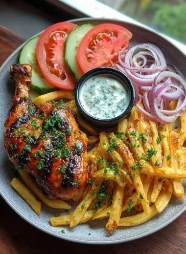 Delicious grilled chicken served with crispy fries and garlic herb sauce