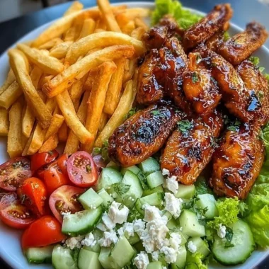 Delicious grilled chicken wings plate with fries and fresh salad