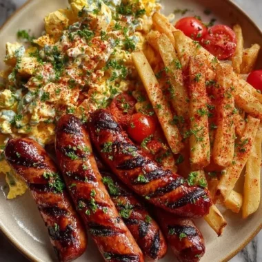 Delicious grilled sausages served with seasoned fries and creamy egg salad