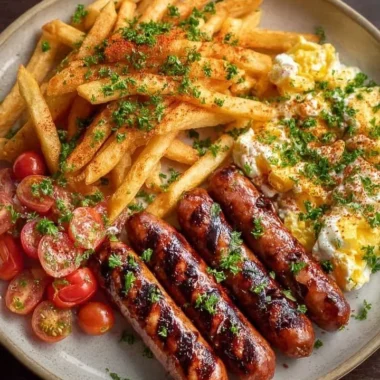 Plate of grilled sausages with seasoned fries and creamy egg salad