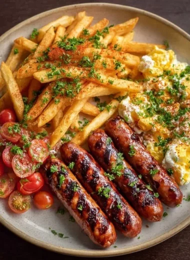 Plate of grilled sausages with seasoned fries and creamy egg salad