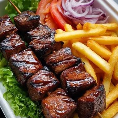 Delicious grilled steak skewers served with crispy fries and fresh salad