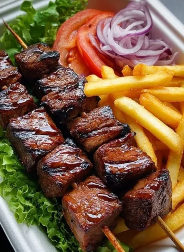 Delicious grilled steak skewers served with crispy fries and fresh salad