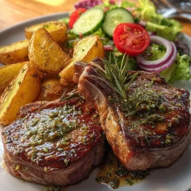 Herb butter lamb chops with roasted potatoes and garden salad on a plate.