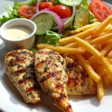 Herb grilled chicken served with crispy fries and a garden salad on a plate