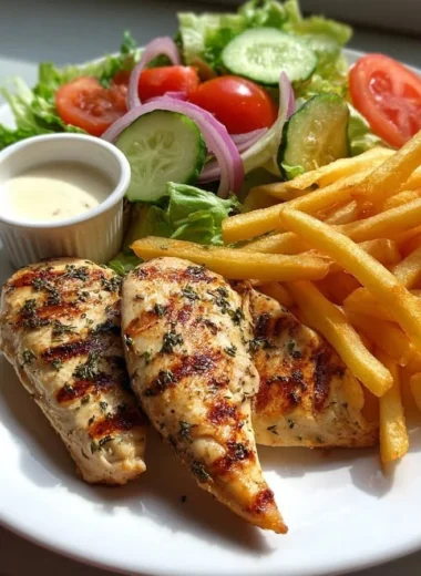 Herb grilled chicken served with crispy fries and a garden salad on a plate