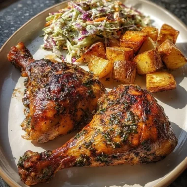Herb roasted chicken leg quarters served with crispy potatoes and creamy coleslaw