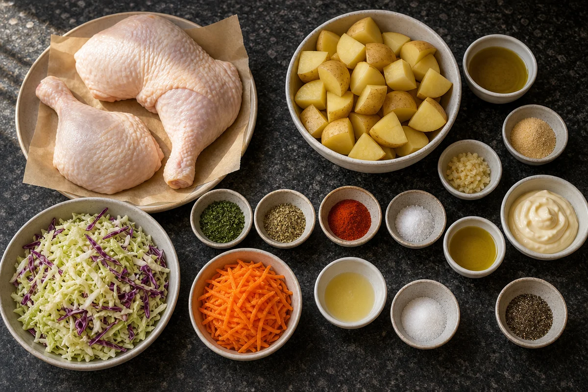 Herb Roasted Chicken Leg Quarters with Crispy Potatoes & Creamy Coleslaw