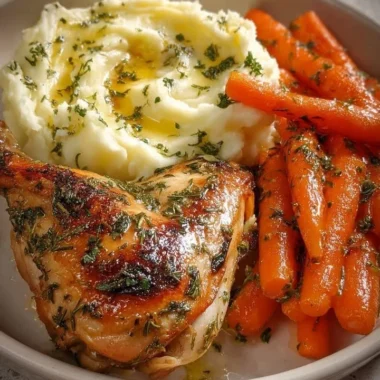Herb roasted chicken with creamy mashed potatoes and honey glazed carrots on a plate
