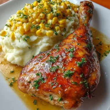 Honey Garlic Chicken leg quarter served with mashed potatoes and buttered corn