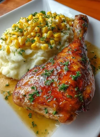 Honey Garlic Chicken leg quarter served with mashed potatoes and buttered corn