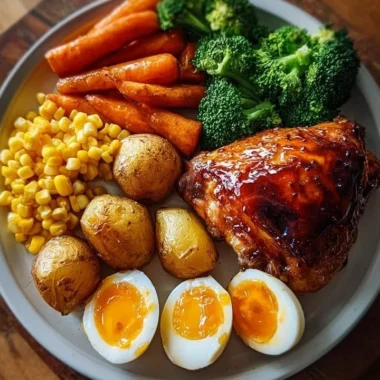 Honey glazed roast chicken served with vegetables and eggs on a plate.