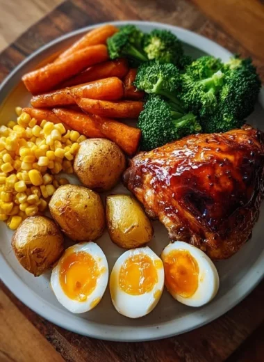 Honey glazed roast chicken served with vegetables and eggs on a plate.