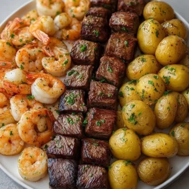 Delicious garlic butter steak bites with shrimp and potatoes in a skillet