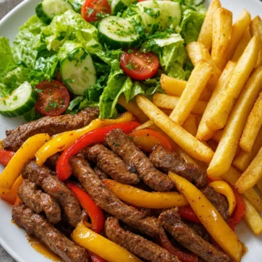 Plate of pepper steak strips with crispy fries and garden salad.