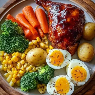 Smoky BBQ chicken leg quarter served with veggies and eggs on a plate