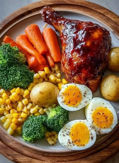 Smoky BBQ chicken leg quarter served with veggies and eggs on a plate