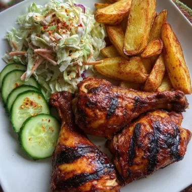 Smoky grilled chicken leg quarters paired with potato wedges and creamy slaw