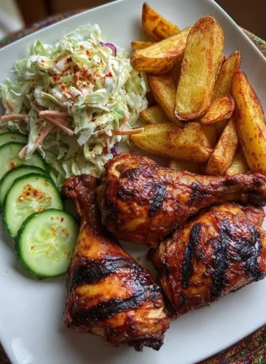 Smoky grilled chicken leg quarters paired with potato wedges and creamy slaw